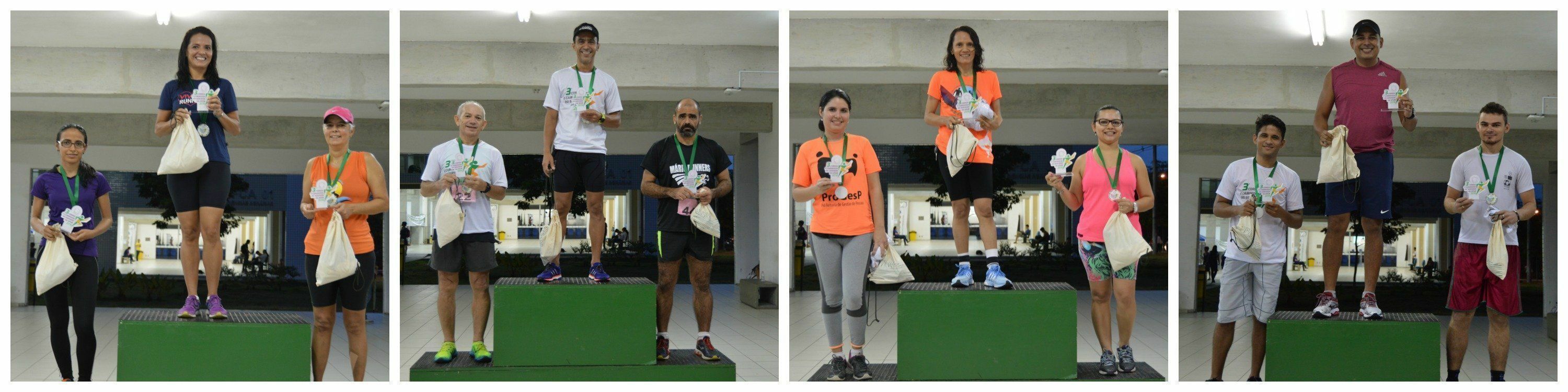 Os primeiros colocados em cada categoria, da esquerda para a direita: feminino e masculino de 7 km; e feminino e masculino de 3,5 km.